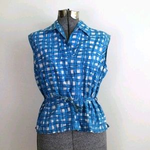 1960s Blue Square Patterened Blouse // Vintage Top